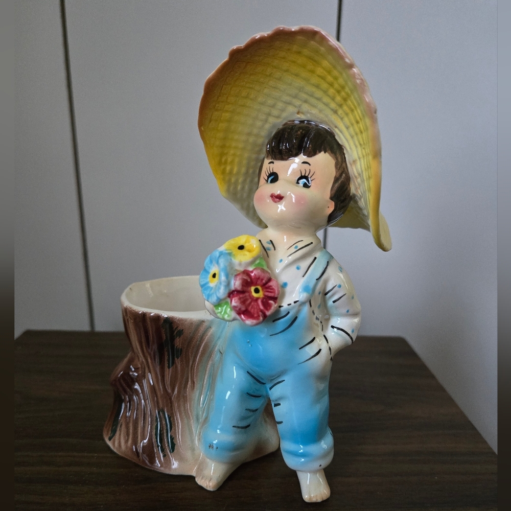 Vintage Lefton Japan Child Stump Planter Yellow Hat Ceramic